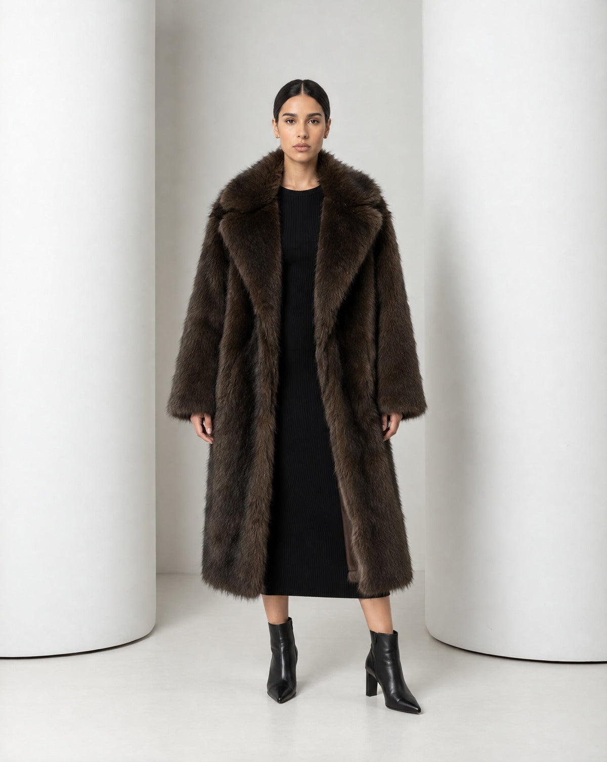 Longline Faux-Fur Coat – Chocolate Brown, Beige & Amber Fox