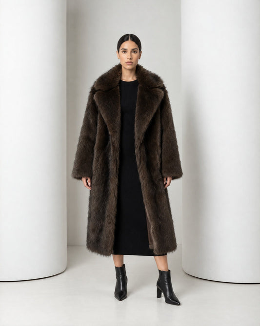 Longline Faux-Fur Coat – Chocolate Brown, Beige & Amber Fox