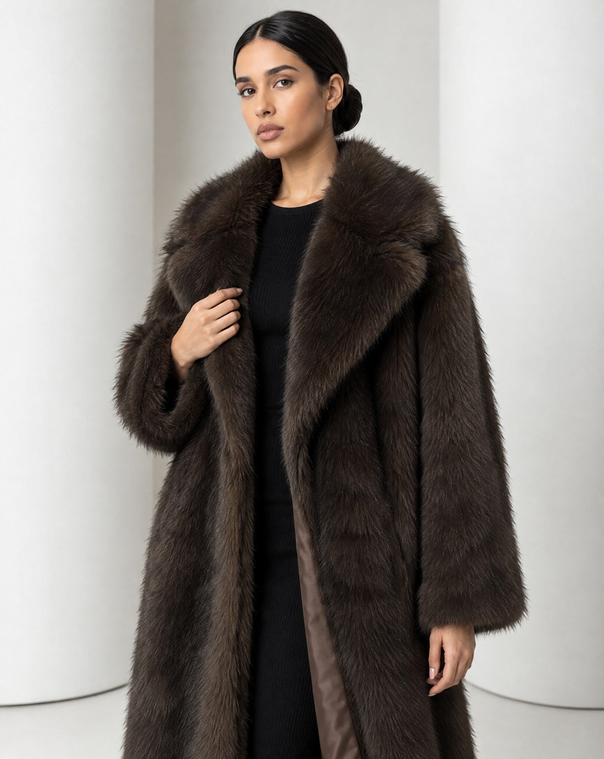 Longline Faux-Fur Coat – Chocolate Brown, Beige & Amber Fox – view 2