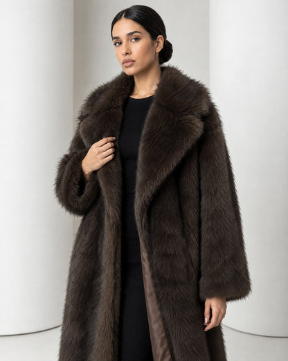 Longline Faux-Fur Coat – Chocolate Brown, Beige & Amber Fox – view 2