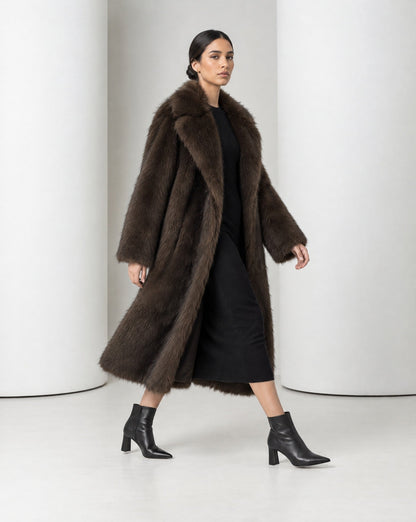 Longline Faux-Fur Coat – Chocolate Brown, Beige & Amber Fox – view 4