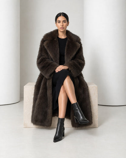 Longline Faux-Fur Coat – Chocolate Brown, Beige & Amber Fox – view 5