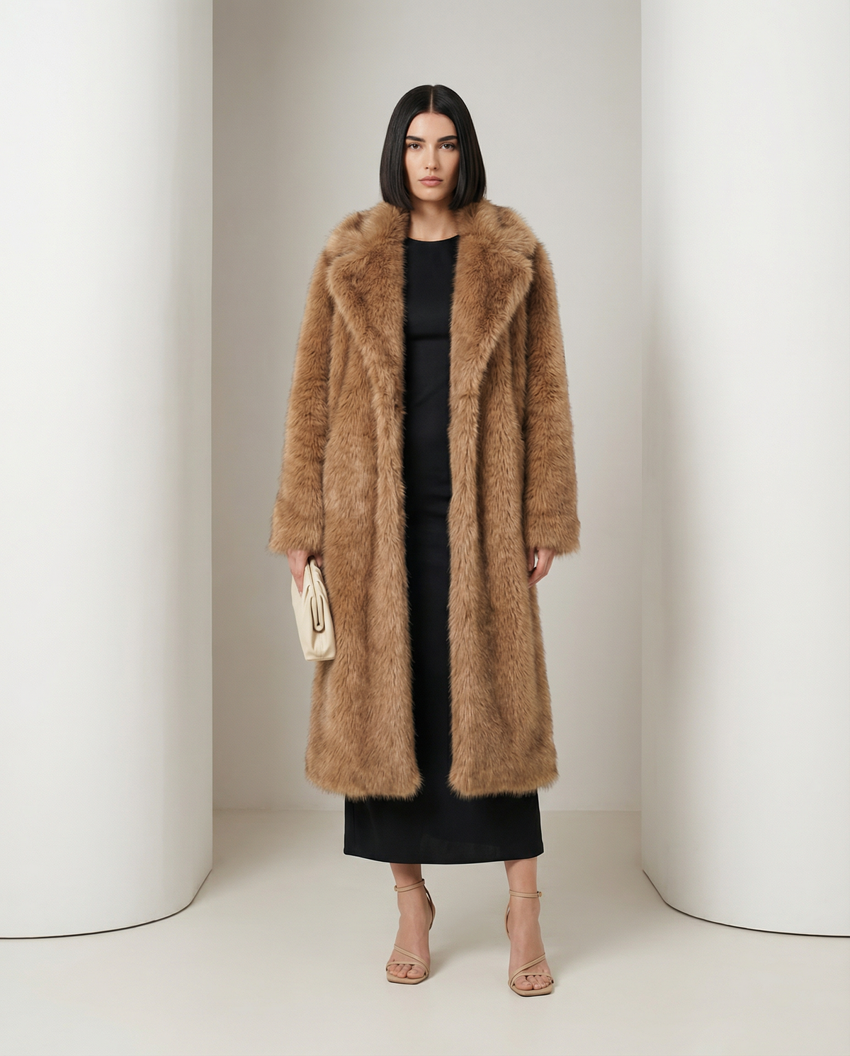 Longline Faux-Fur Coat – Chocolate Brown, Beige & Amber Fox – view 10