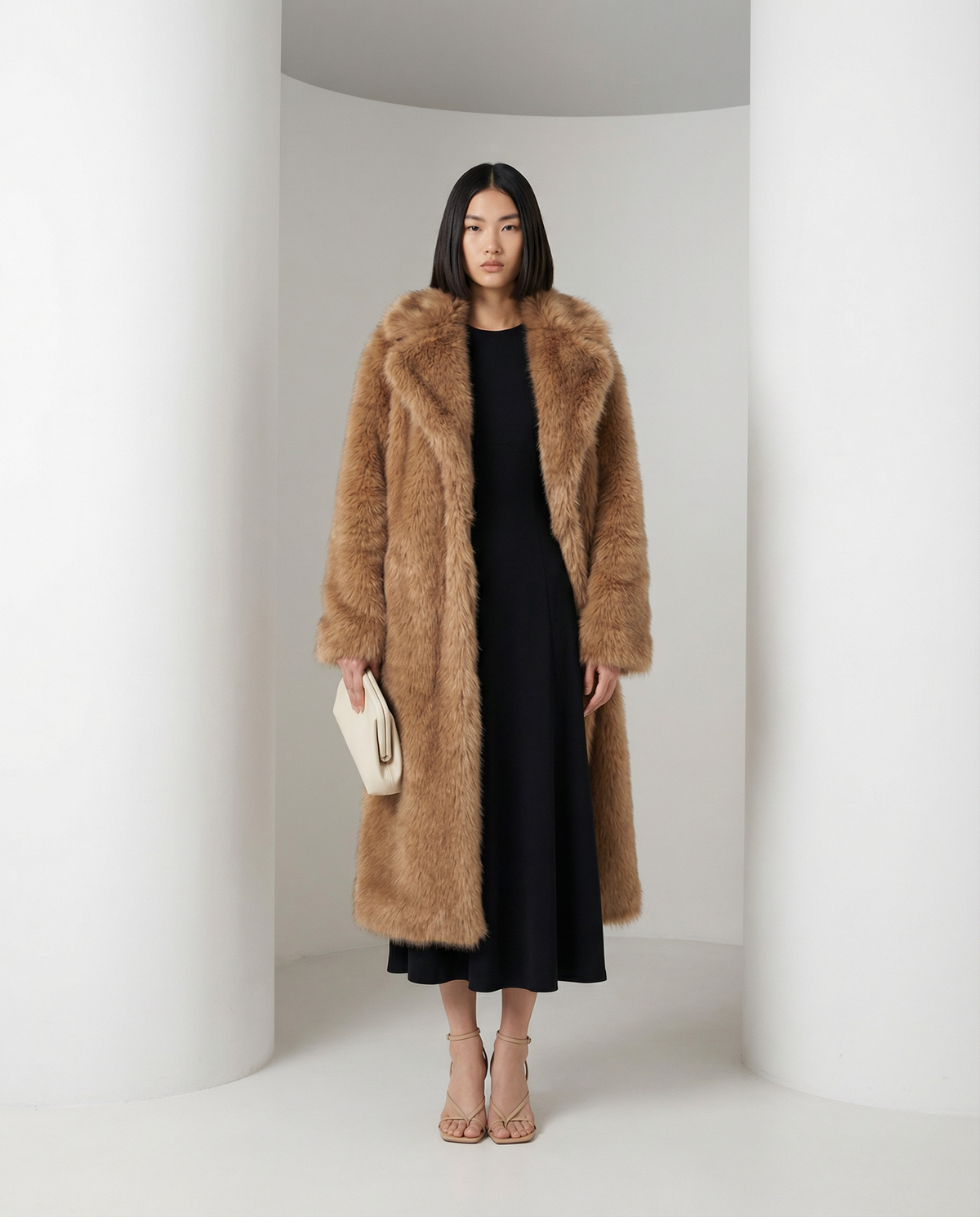 Longline Faux-Fur Coat – Chocolate Brown, Beige & Amber Fox – view 11