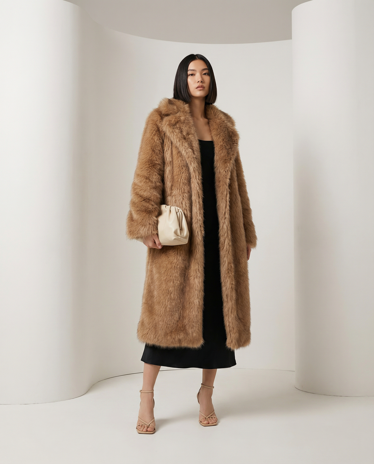Longline Faux-Fur Coat – Chocolate Brown, Beige & Amber Fox – view 12