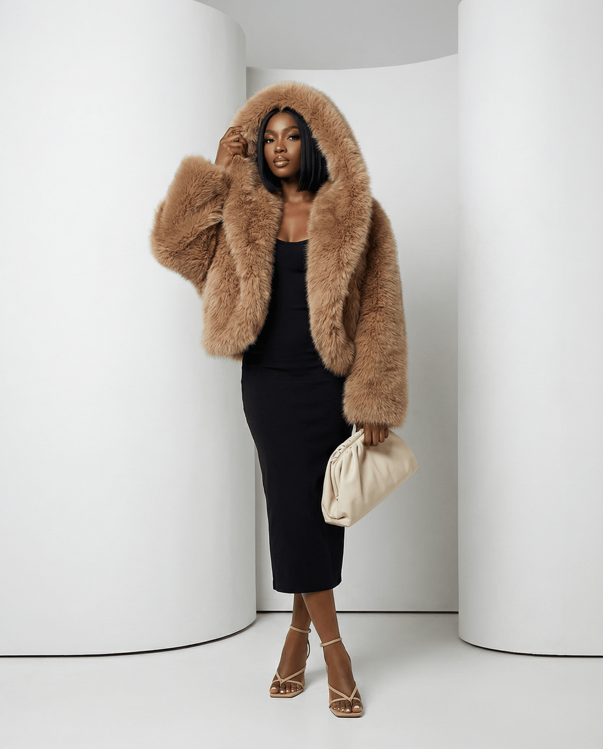Hooded Faux-Fur Cropped Jacket – Oversized Hood in Scarlet Red & Amber Fox