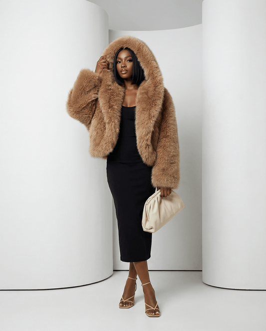 Hooded Faux-Fur Cropped Jacket – Oversized Hood in Scarlet Red & Amber Fox