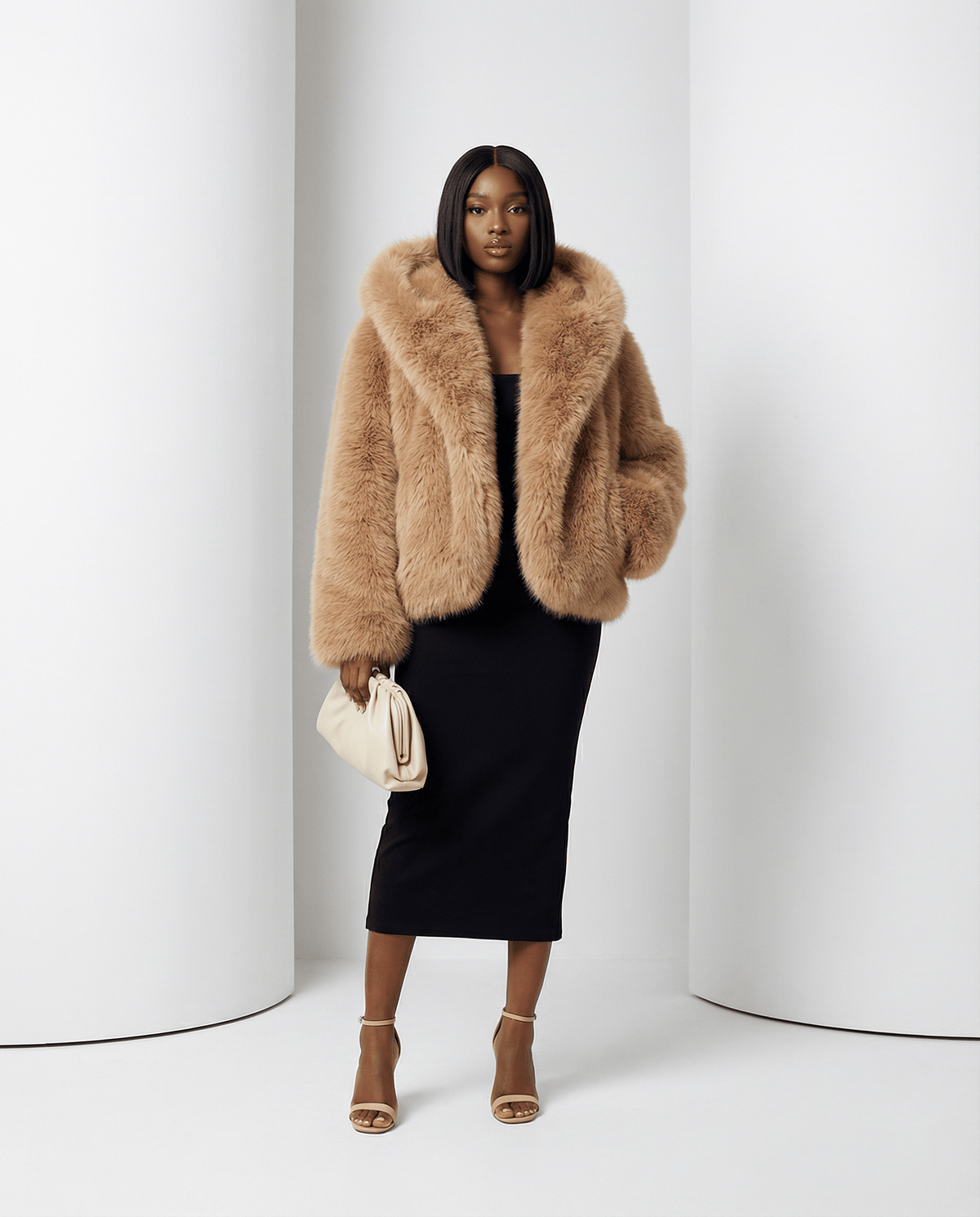 Hooded Faux-Fur Cropped Jacket – Oversized Hood in Scarlet Red & Amber Fox – view 2