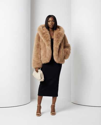 Hooded Faux-Fur Cropped Jacket – Oversized Hood in Scarlet Red & Amber Fox – view 2