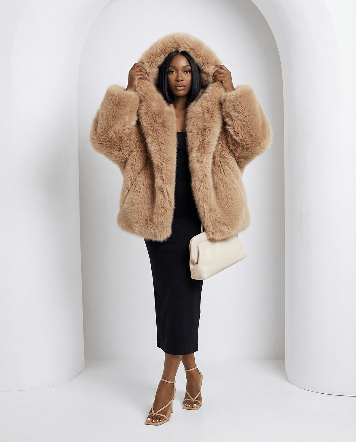 Hooded Faux-Fur Cropped Jacket – Oversized Hood in Scarlet Red & Amber Fox – view 3