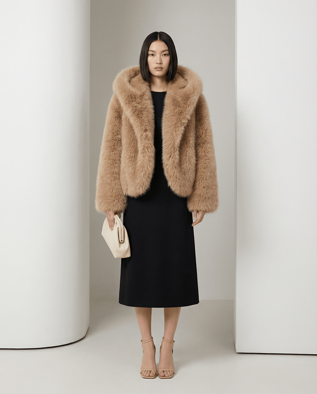 Hooded Faux-Fur Cropped Jacket – Oversized Hood in Scarlet Red & Amber Fox – view 4