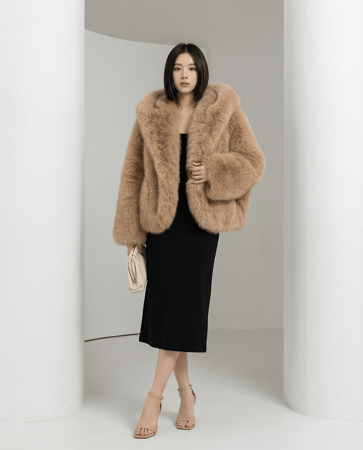 Hooded Faux-Fur Cropped Jacket – Oversized Hood in Scarlet Red & Amber Fox – view 6