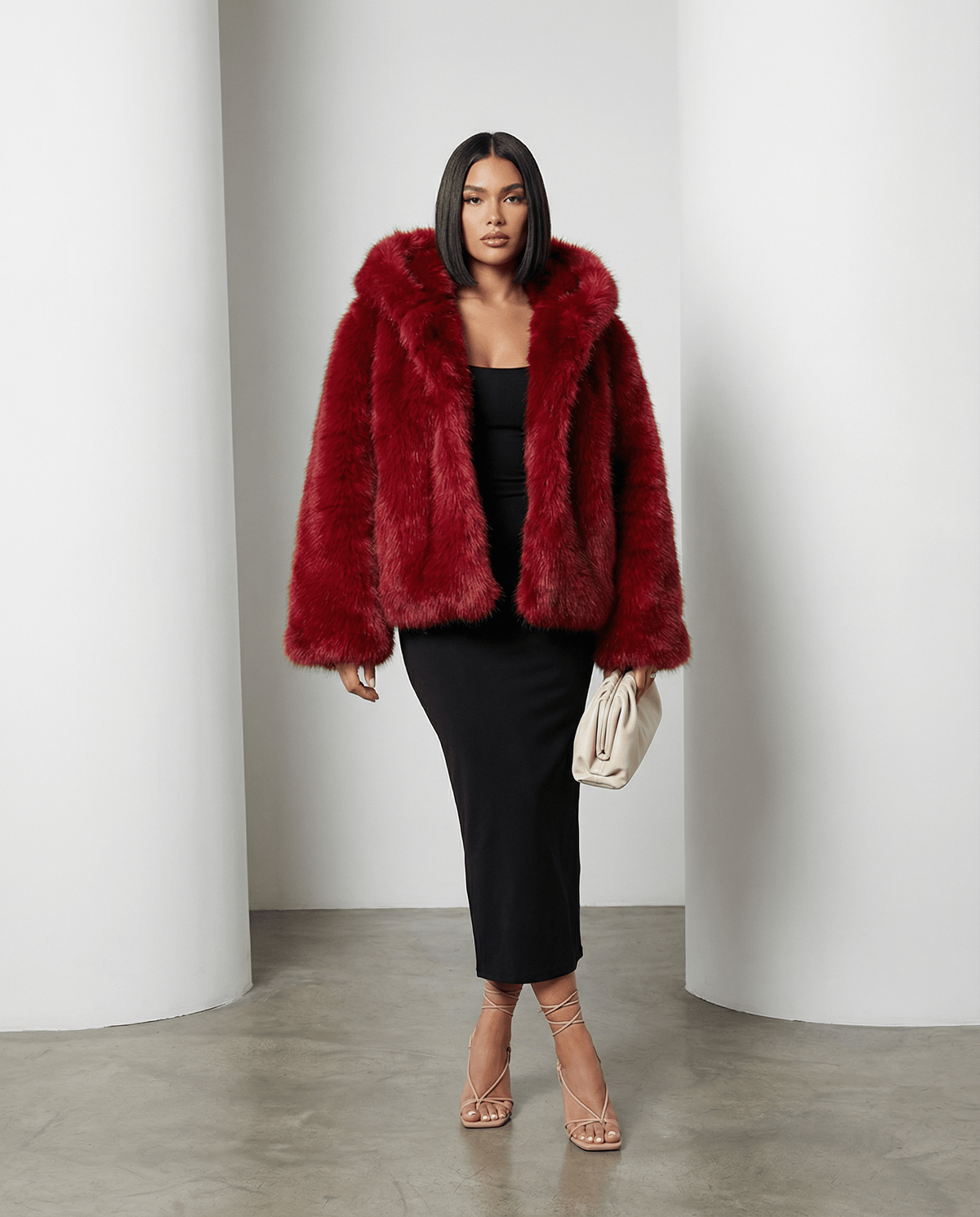 Hooded Faux-Fur Cropped Jacket – Oversized Hood in Scarlet Red & Amber Fox – view 7