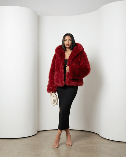 Hooded Faux-Fur Cropped Jacket – Oversized Hood in Scarlet Red & Amber Fox – view 8