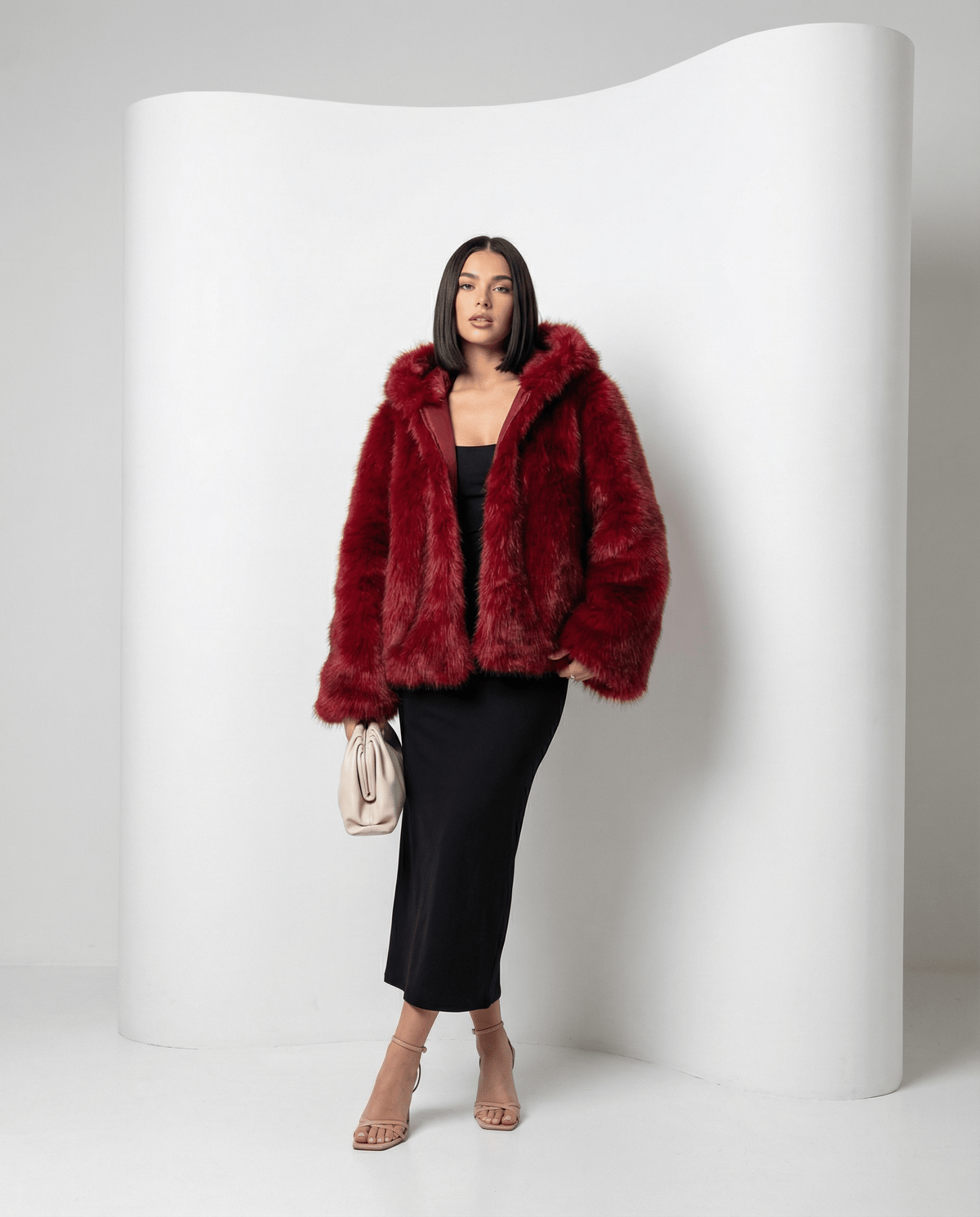 Hooded Faux-Fur Cropped Jacket – Oversized Hood in Scarlet Red & Amber Fox – view 9