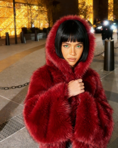 Hooded Faux-Fur Cropped Jacket – Oversized Hood in Scarlet Red & Amber Fox – view 10