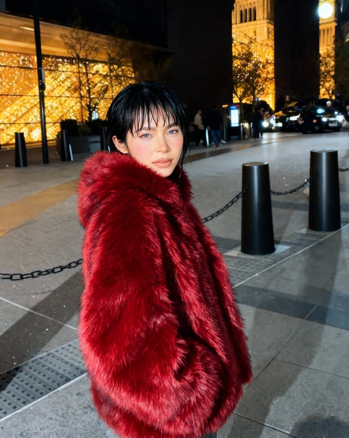 Hooded Faux-Fur Cropped Jacket – Oversized Hood in Scarlet Red & Amber Fox – view 12