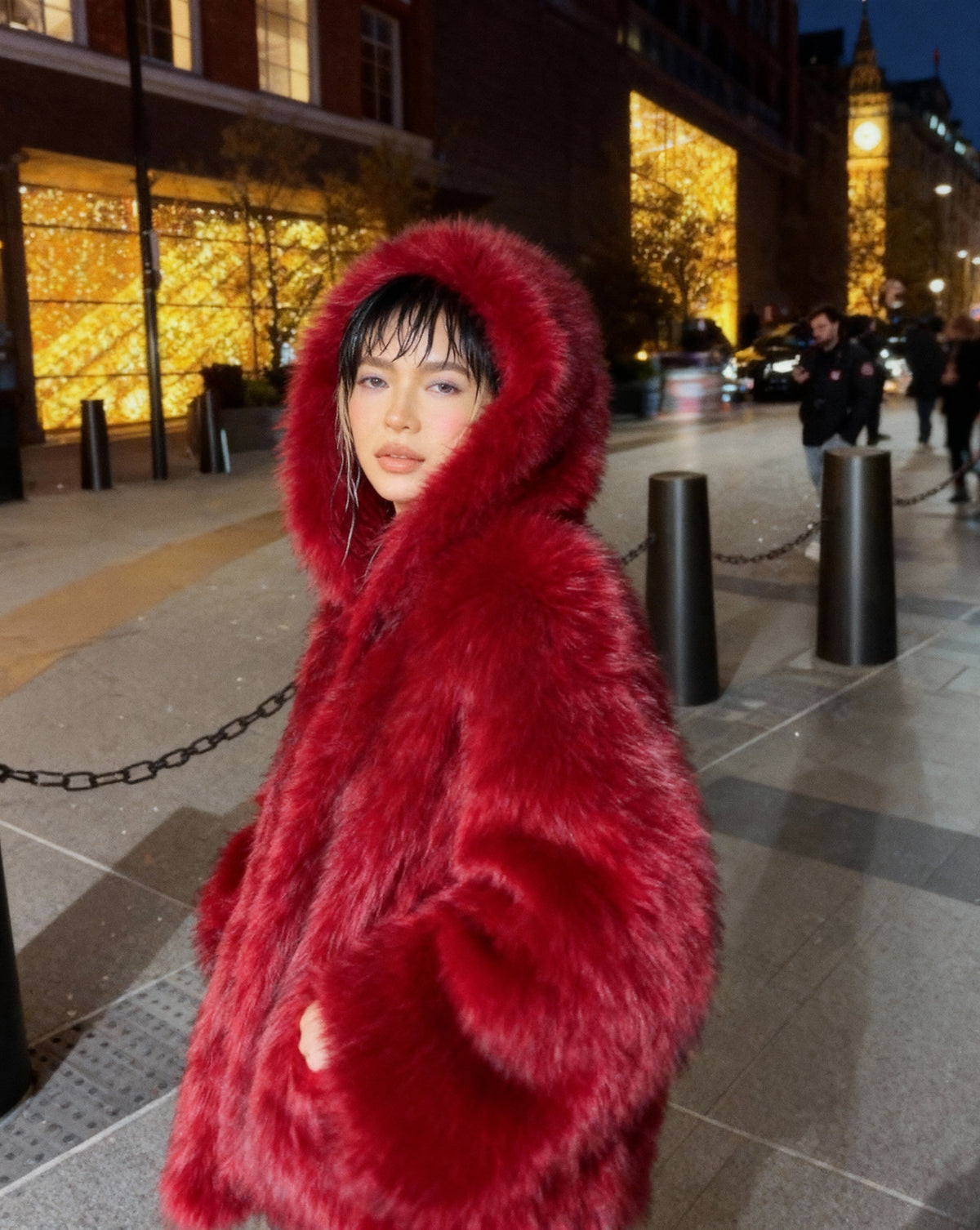 Hooded Faux-Fur Cropped Jacket – Oversized Hood in Scarlet Red & Amber Fox – view 13