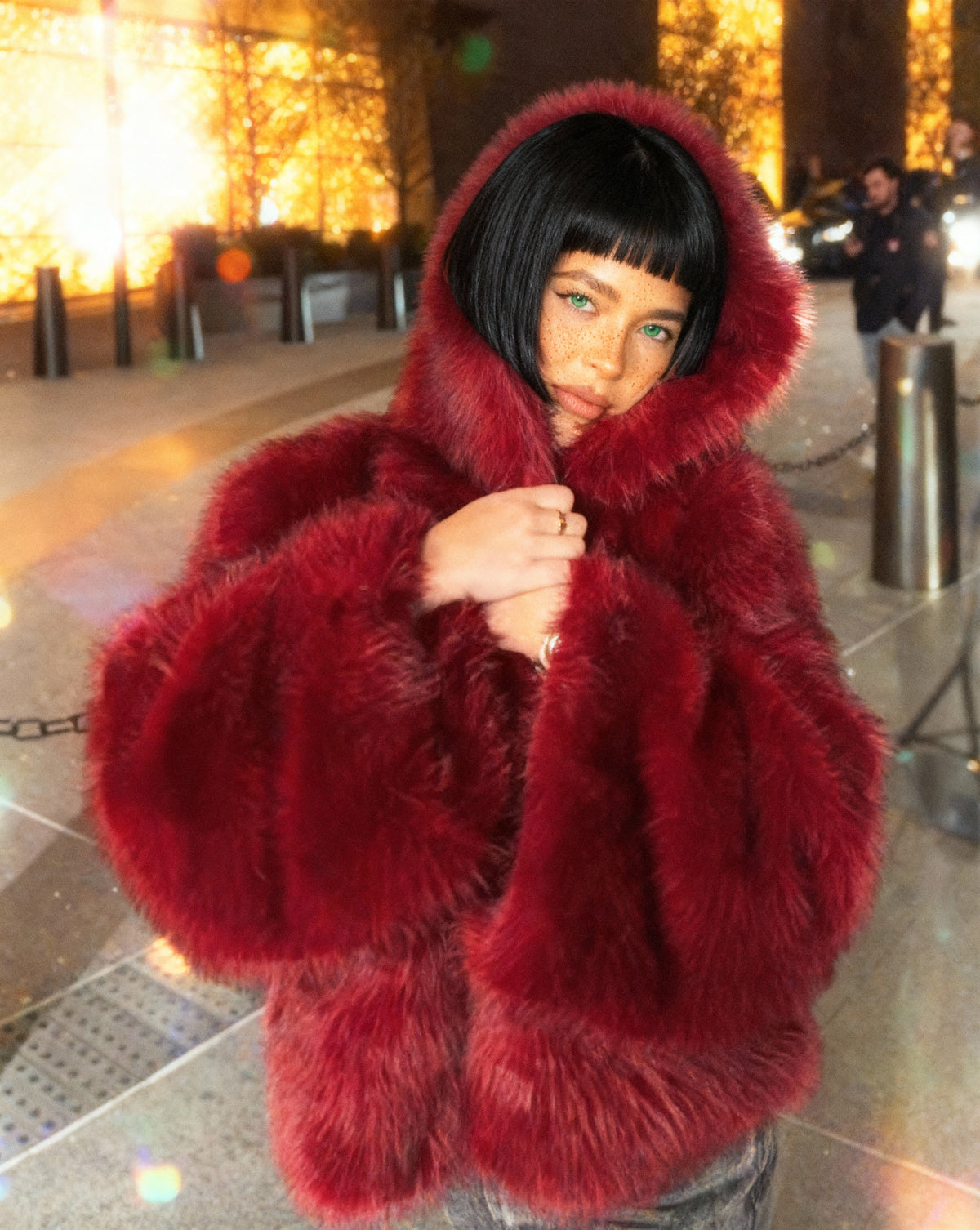 Hooded Faux-Fur Cropped Jacket – Oversized Hood in Scarlet Red & Amber Fox – view 14