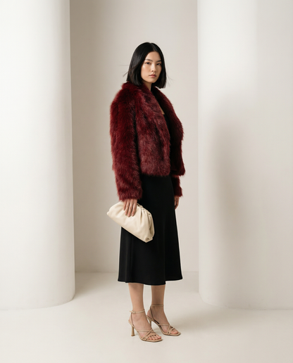 Cropped Faux-Fur Jacket – Cocoa Leopard, Burgundy, Black & White – view 7