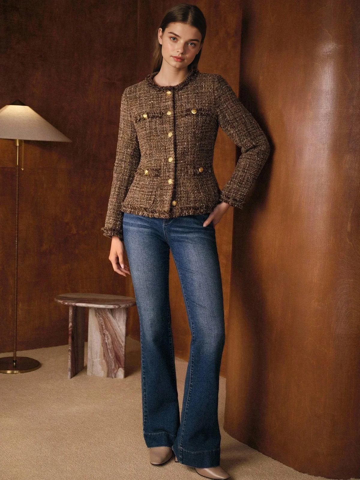 Women's Brown Tweed Jacket – Gold Buttons, Frayed Trim, Collarless – view 2