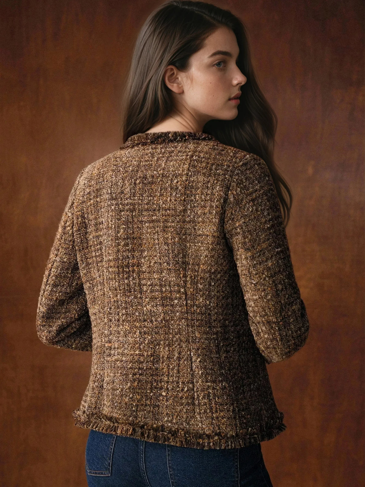 Women's Brown Tweed Jacket – Gold Buttons, Frayed Trim, Collarless – view 3
