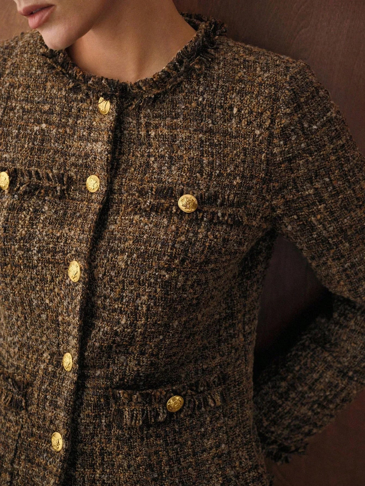 Women's Brown Tweed Jacket – Gold Buttons, Frayed Trim, Collarless – view 4