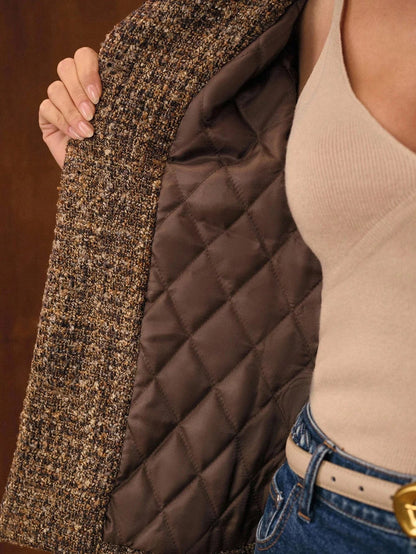 Women's Brown Tweed Jacket – Gold Buttons, Frayed Trim, Collarless – view 5