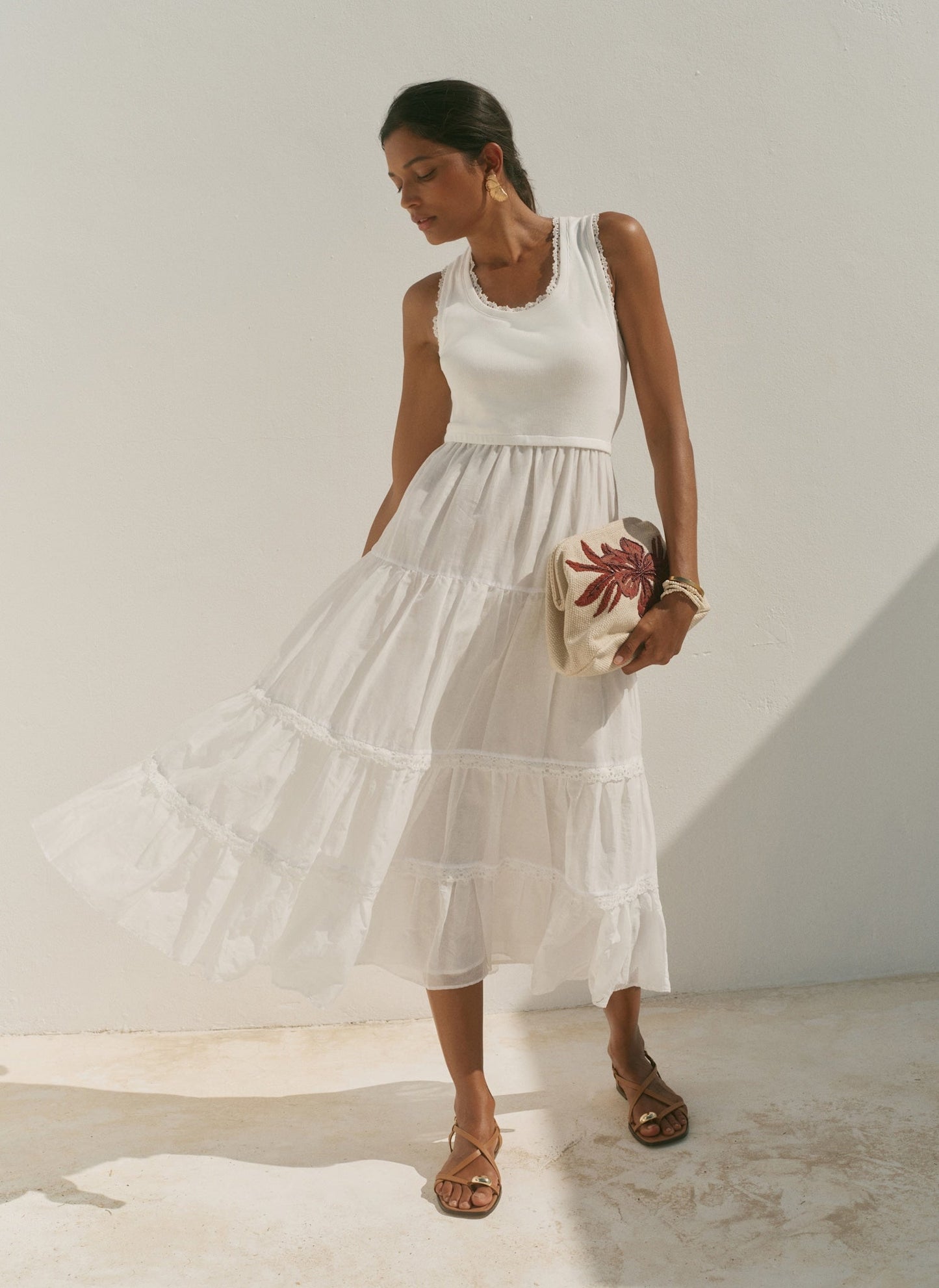 White Crochet Trim Tiered Midi Dress