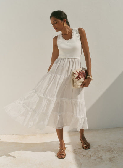 White Crochet Trim Tiered Midi Dress