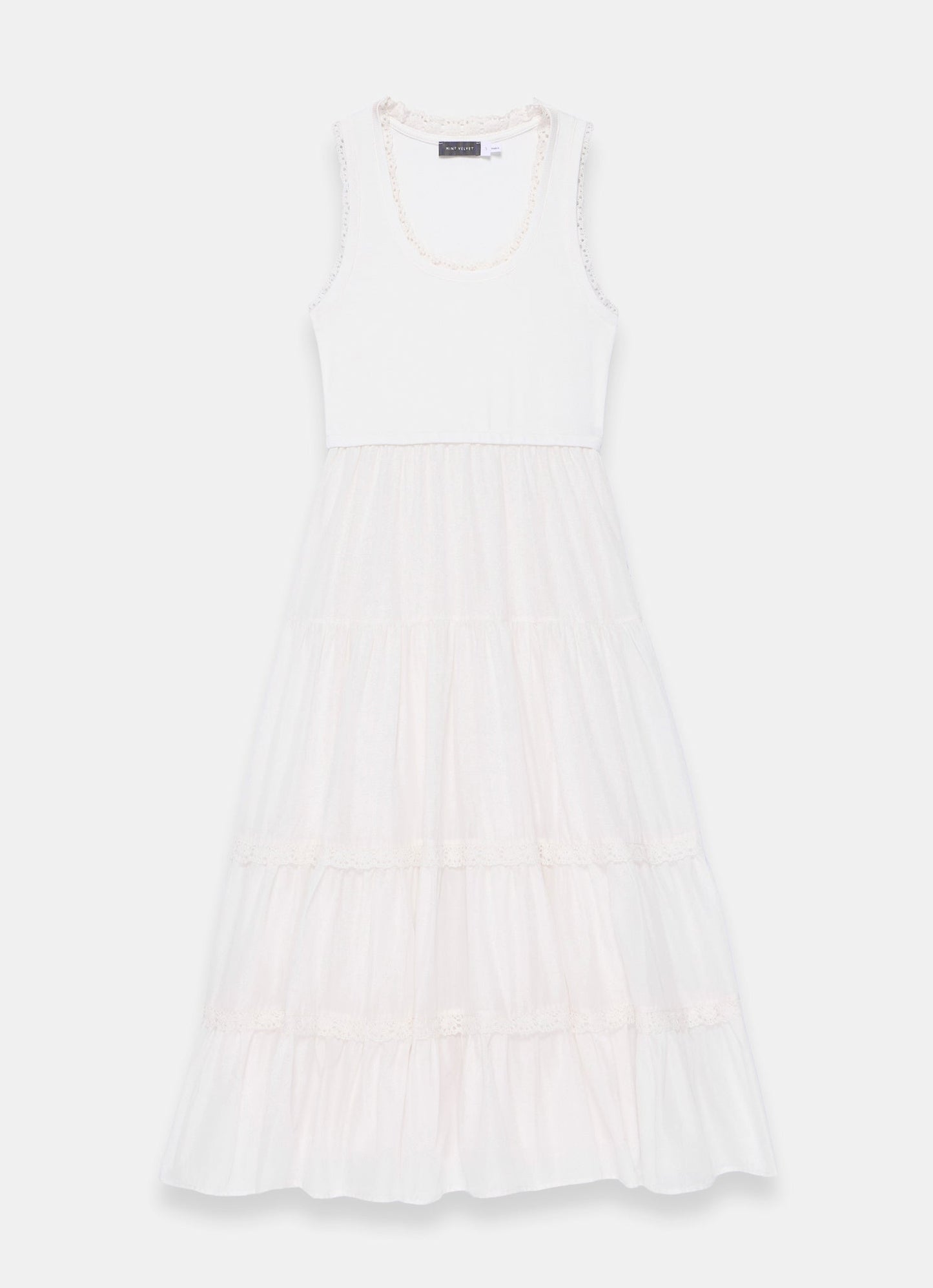 White Crochet Trim Tiered Midi Dress