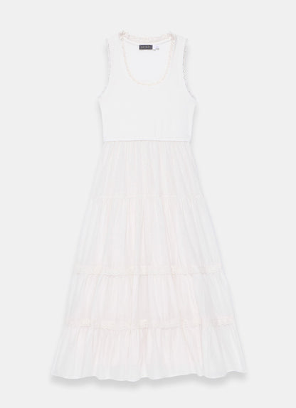 White Crochet Trim Tiered Midi Dress