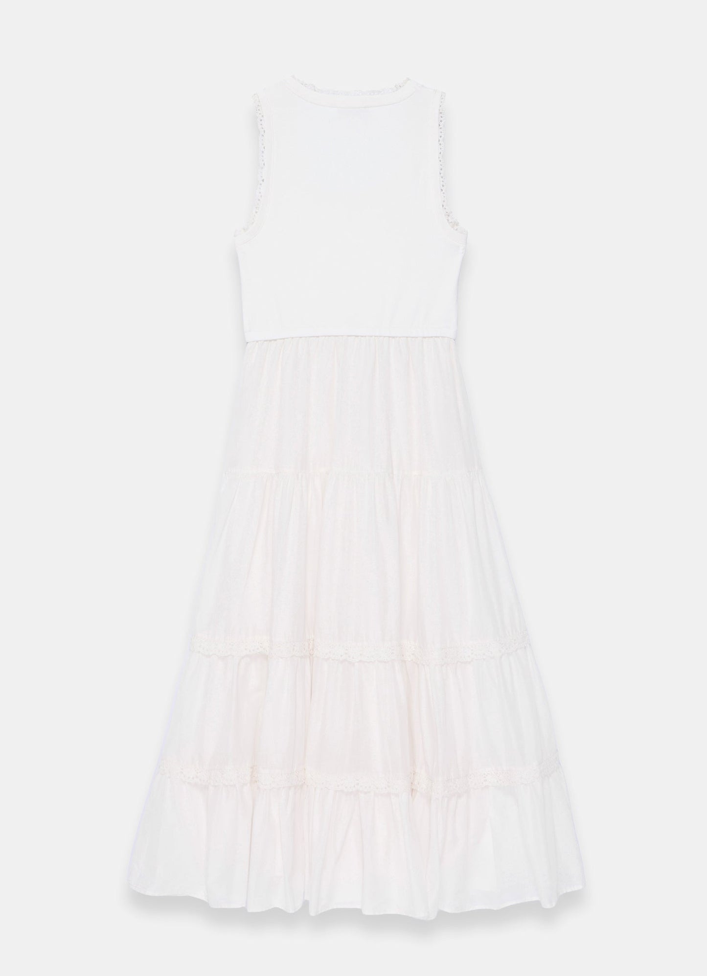 White Crochet Trim Tiered Midi Dress