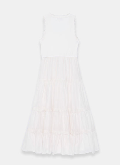 White Crochet Trim Tiered Midi Dress