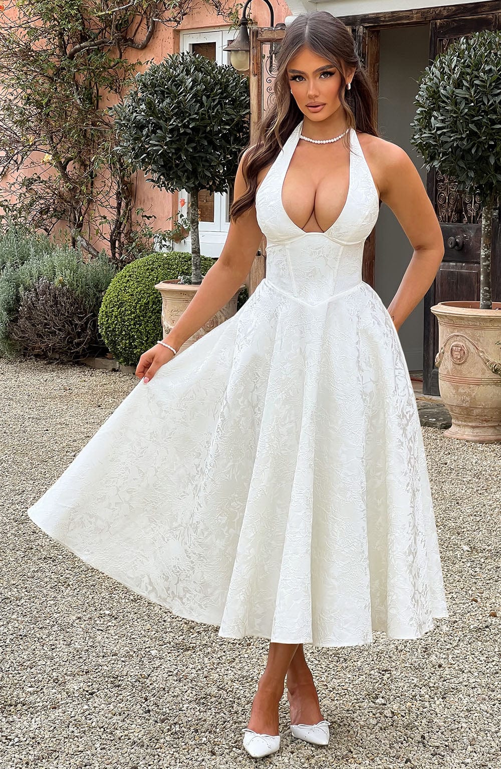 Monica | Women's Elegant Midi Wedding Guest Dress with Halter Neckline