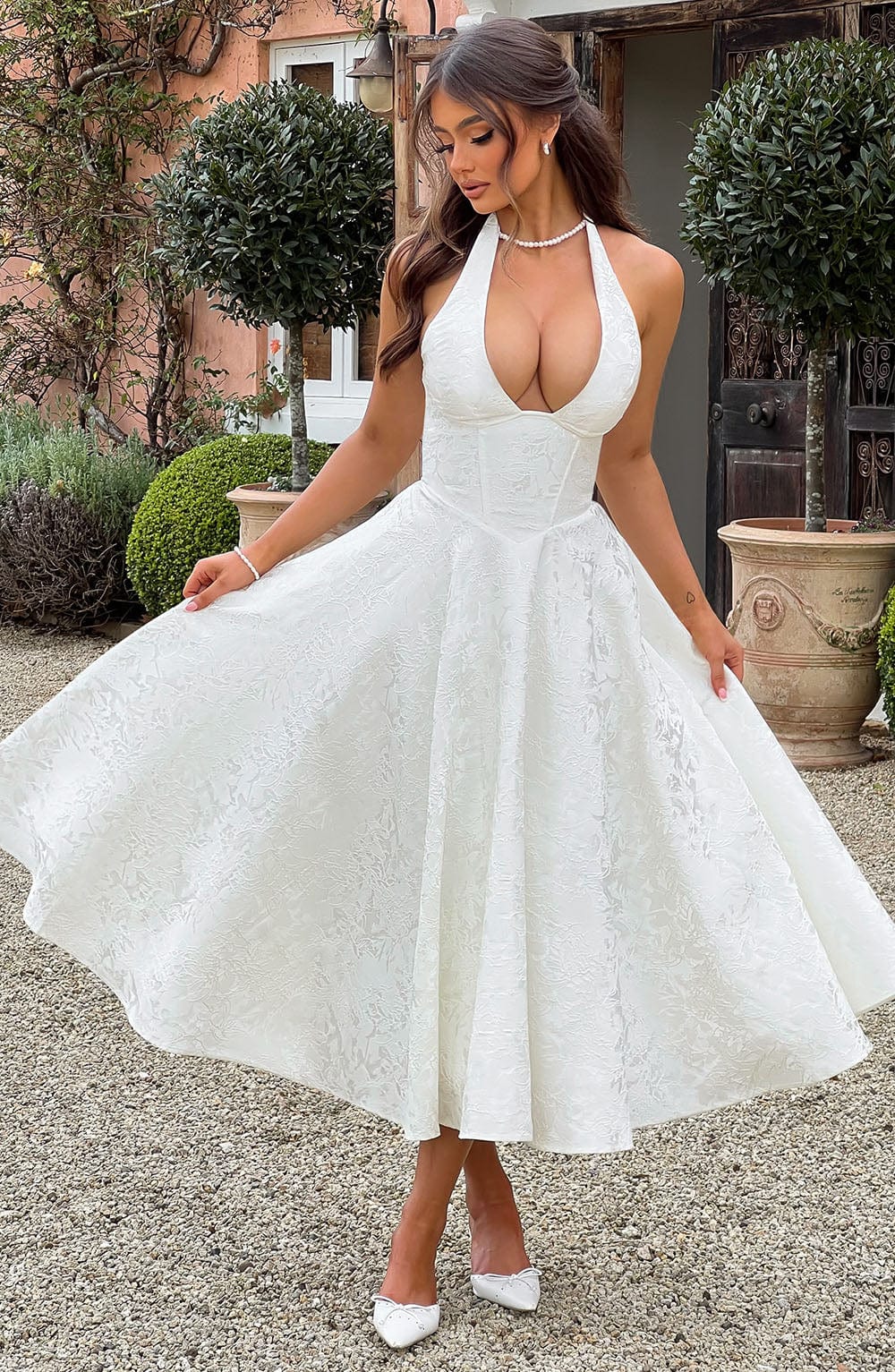 Monica | Women's Elegant Midi Wedding Guest Dress with Halter Neckline
