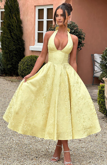Monica | Women's Elegant Midi Wedding Guest Dress with Halter Neckline
