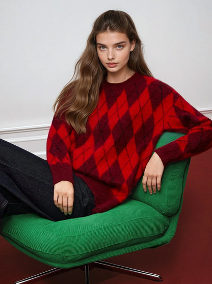 Red Argyle Brushed Knit Sweater – Crew Neck Relaxed Pullover – view 3