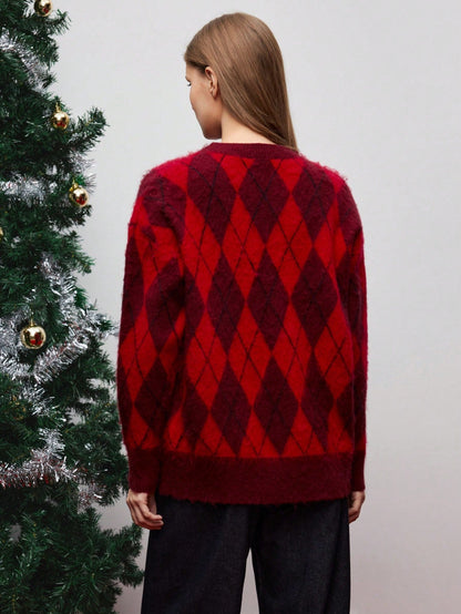 Red Argyle Brushed Knit Sweater – Crew Neck Relaxed Pullover – view 4