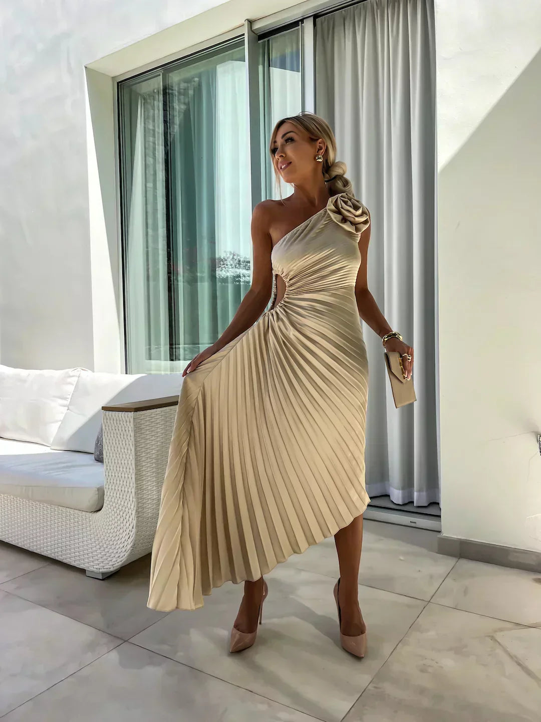 Ella | Women's Stylish Midi Wedding Guest Dress with Rosette
