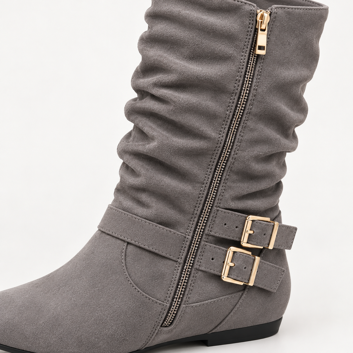Women's Suede Slouchy Knee-High Boots – Double Buckle, Side Zip, Flat Heel – view 7