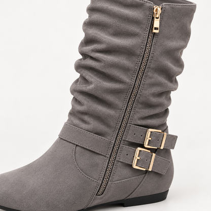 Women's Suede Slouchy Knee-High Boots – Double Buckle, Side Zip, Flat Heel – view 7