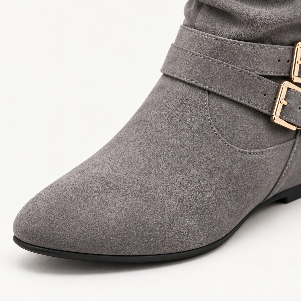 Women's Suede Slouchy Knee-High Boots – Double Buckle, Side Zip, Flat Heel – view 8
