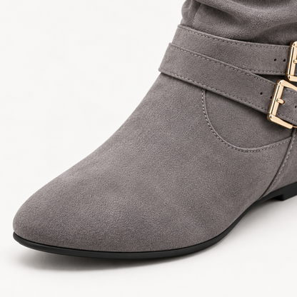 Women's Suede Slouchy Knee-High Boots – Double Buckle, Side Zip, Flat Heel – view 8