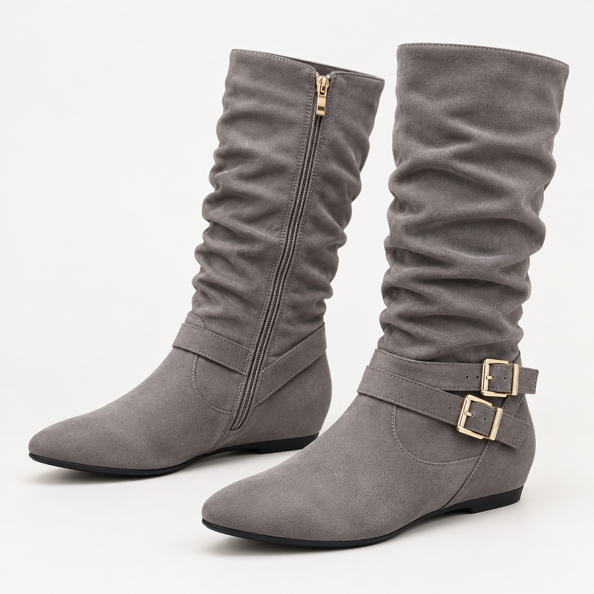 Women's Suede Slouchy Knee-High Boots – Double Buckle, Side Zip, Flat Heel – view 6