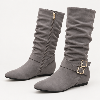 Women's Suede Slouchy Knee-High Boots – Double Buckle, Side Zip, Flat Heel – view 6