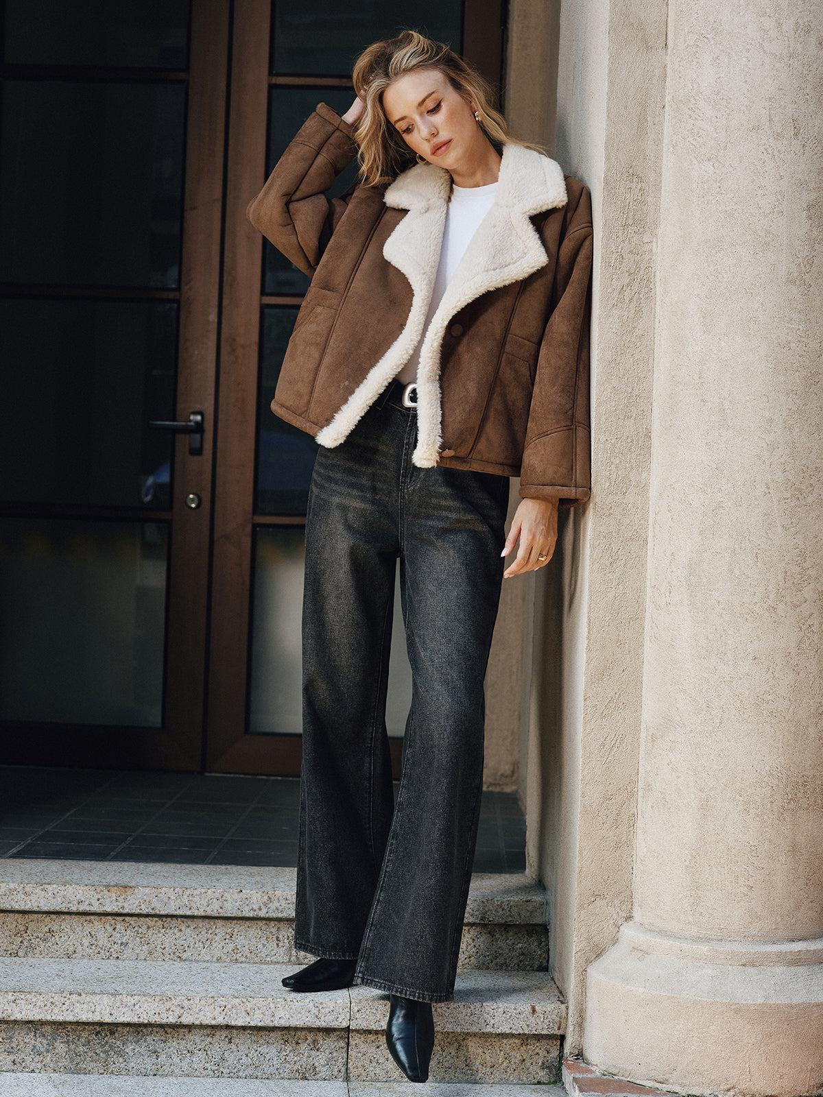 Women's Brown Cropped Jacket with Cream Shearling-Effect Trim – view 2