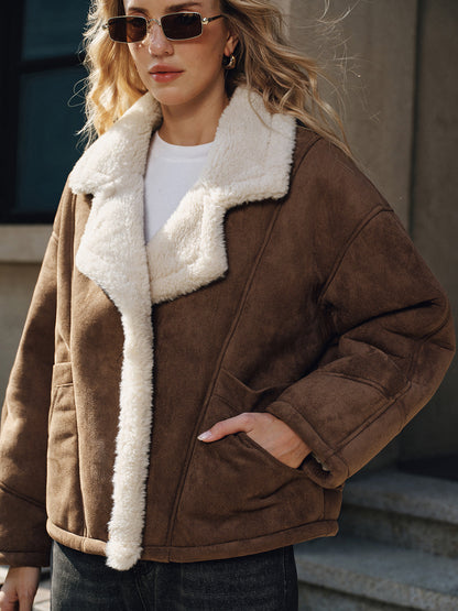 Women's Brown Cropped Jacket with Cream Shearling-Effect Trim – view 3