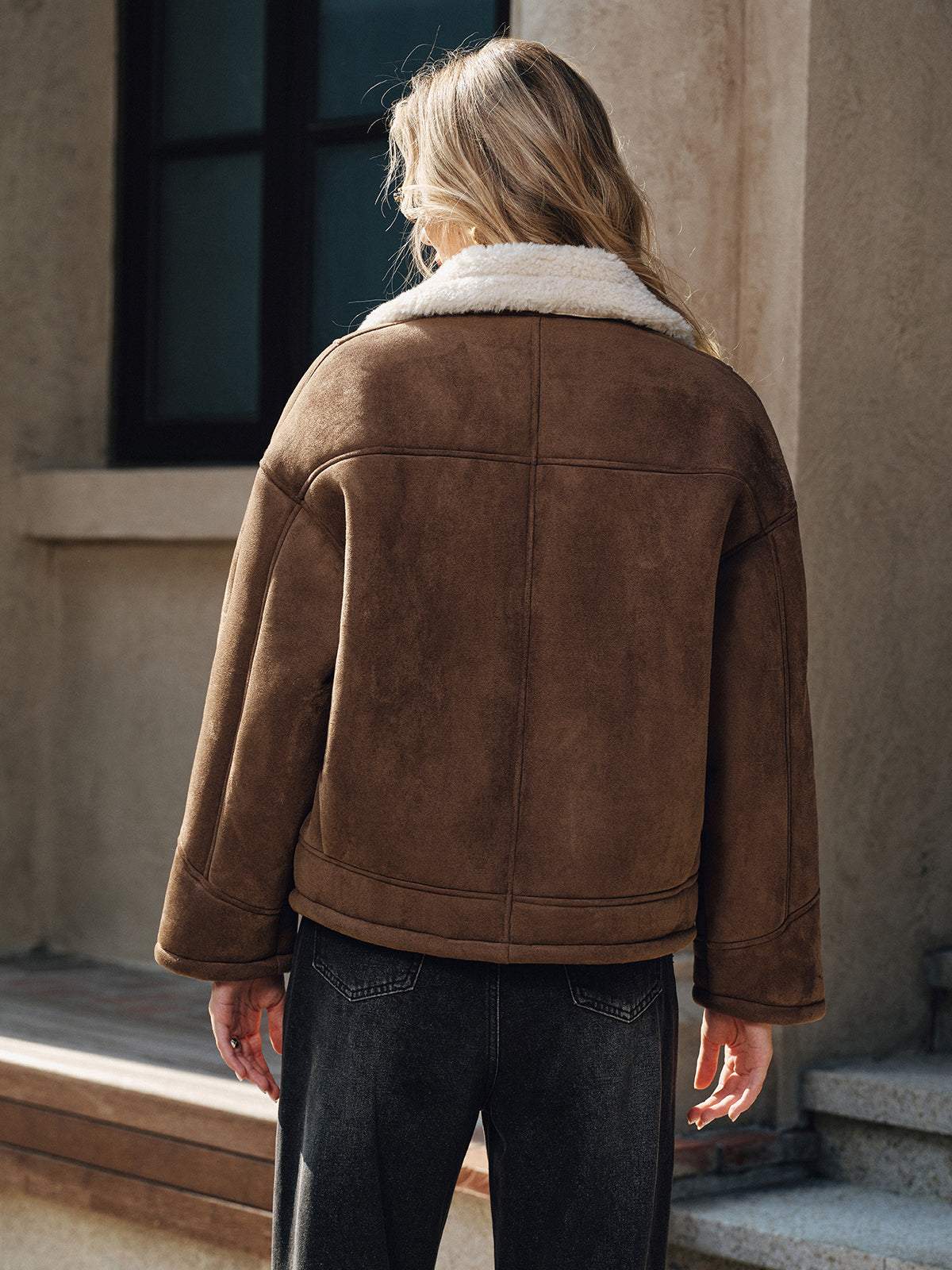 Women's Brown Cropped Jacket with Cream Shearling-Effect Trim – view 4