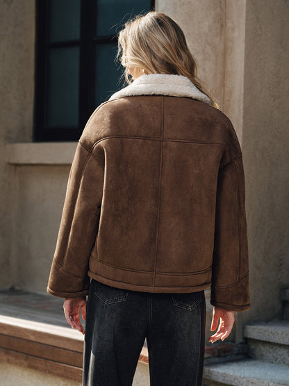 Women's Brown Cropped Jacket with Cream Shearling-Effect Trim – view 4